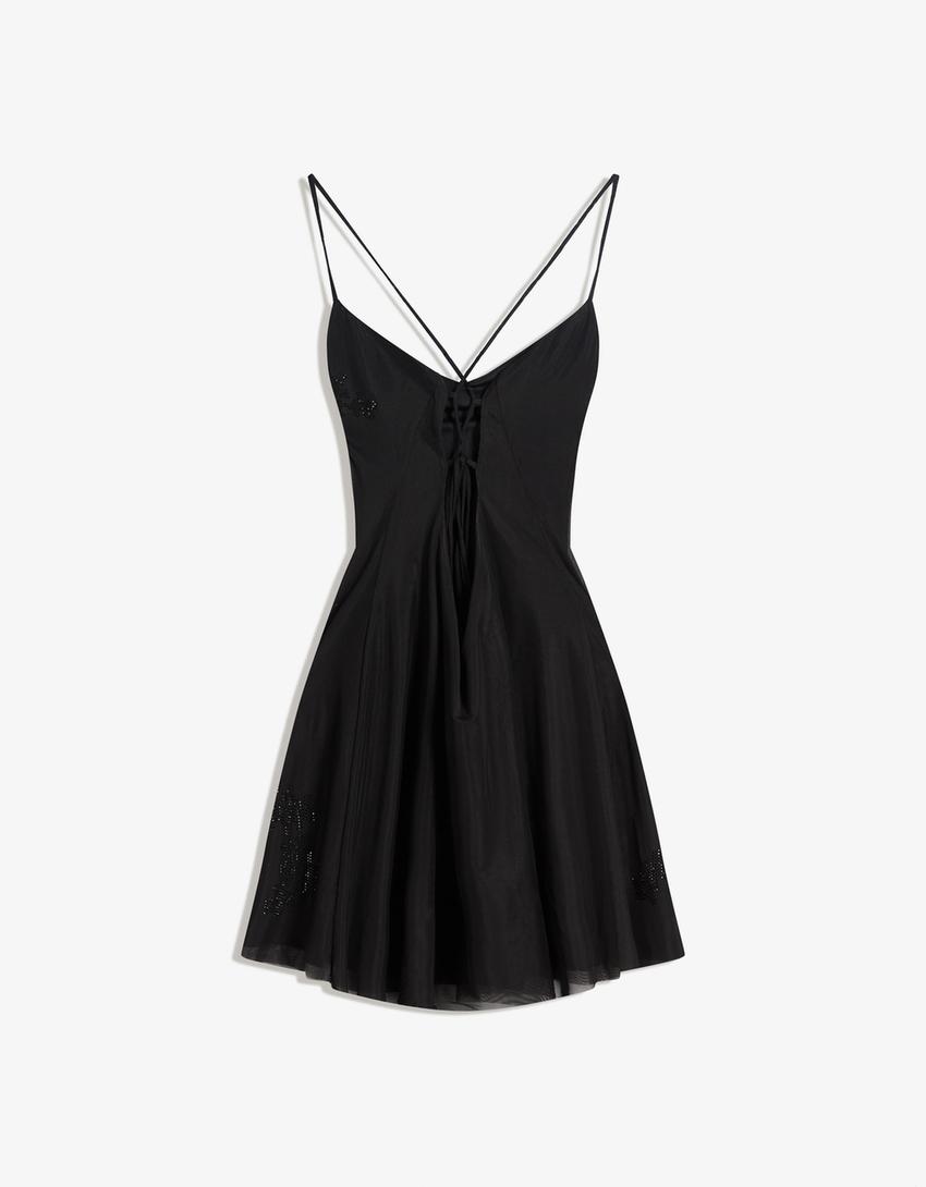 Mini strappy tulle diamante dress-Black