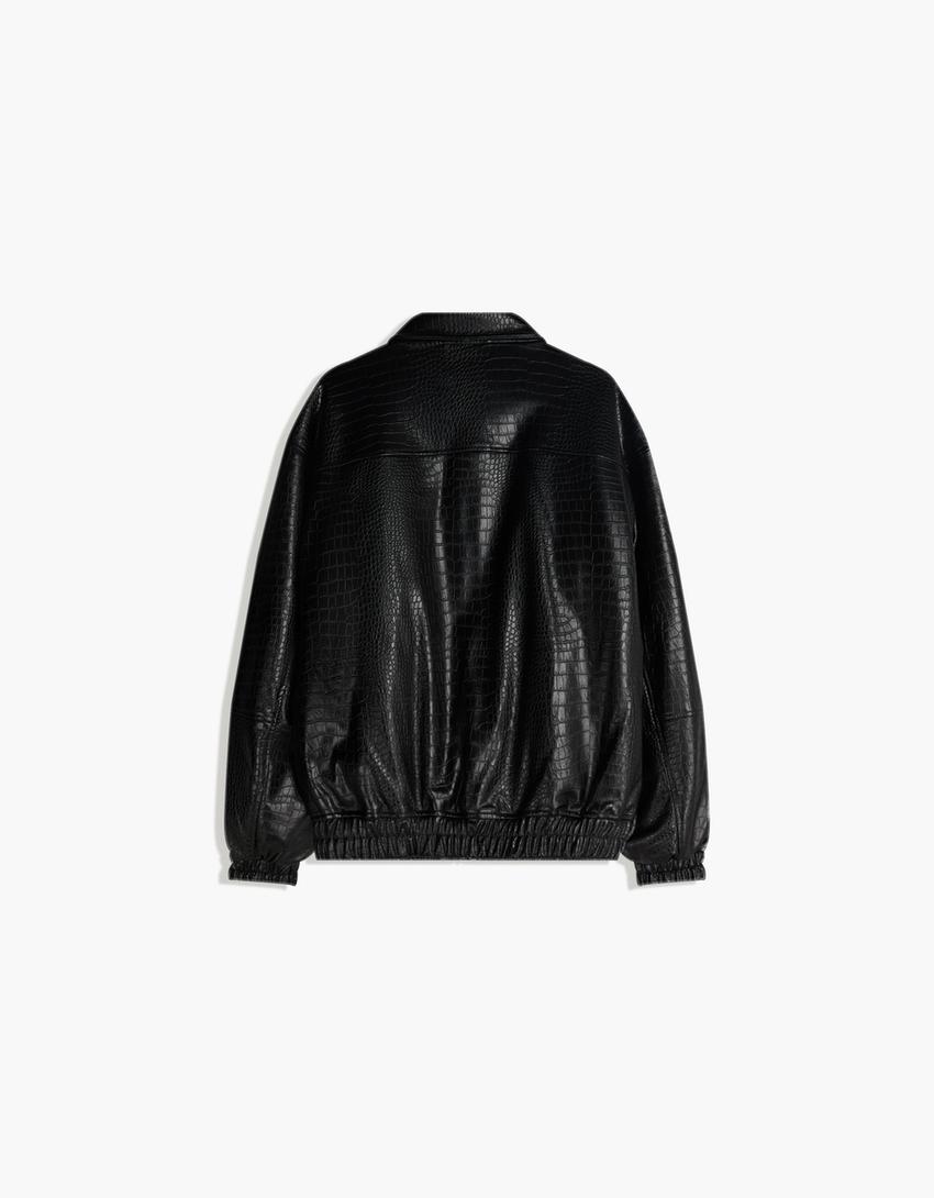 Blouson similicuir imprimé animal-Noir