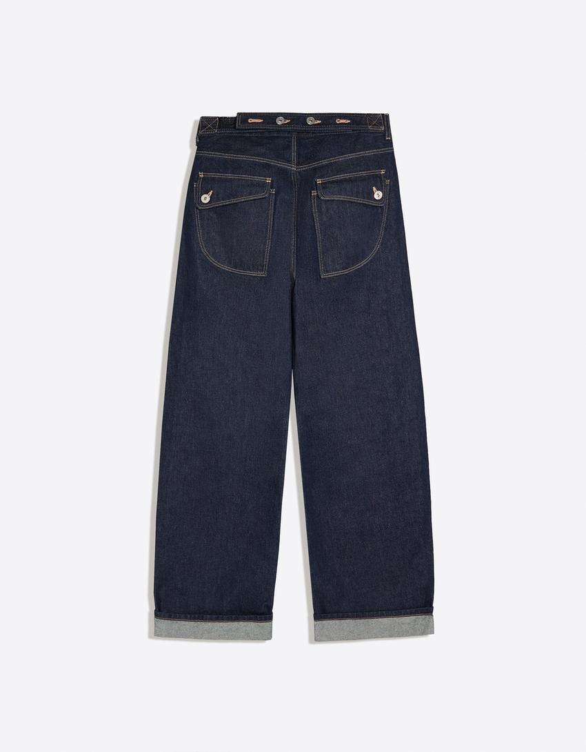 Balloon jeans with back buckle and rips-Navy