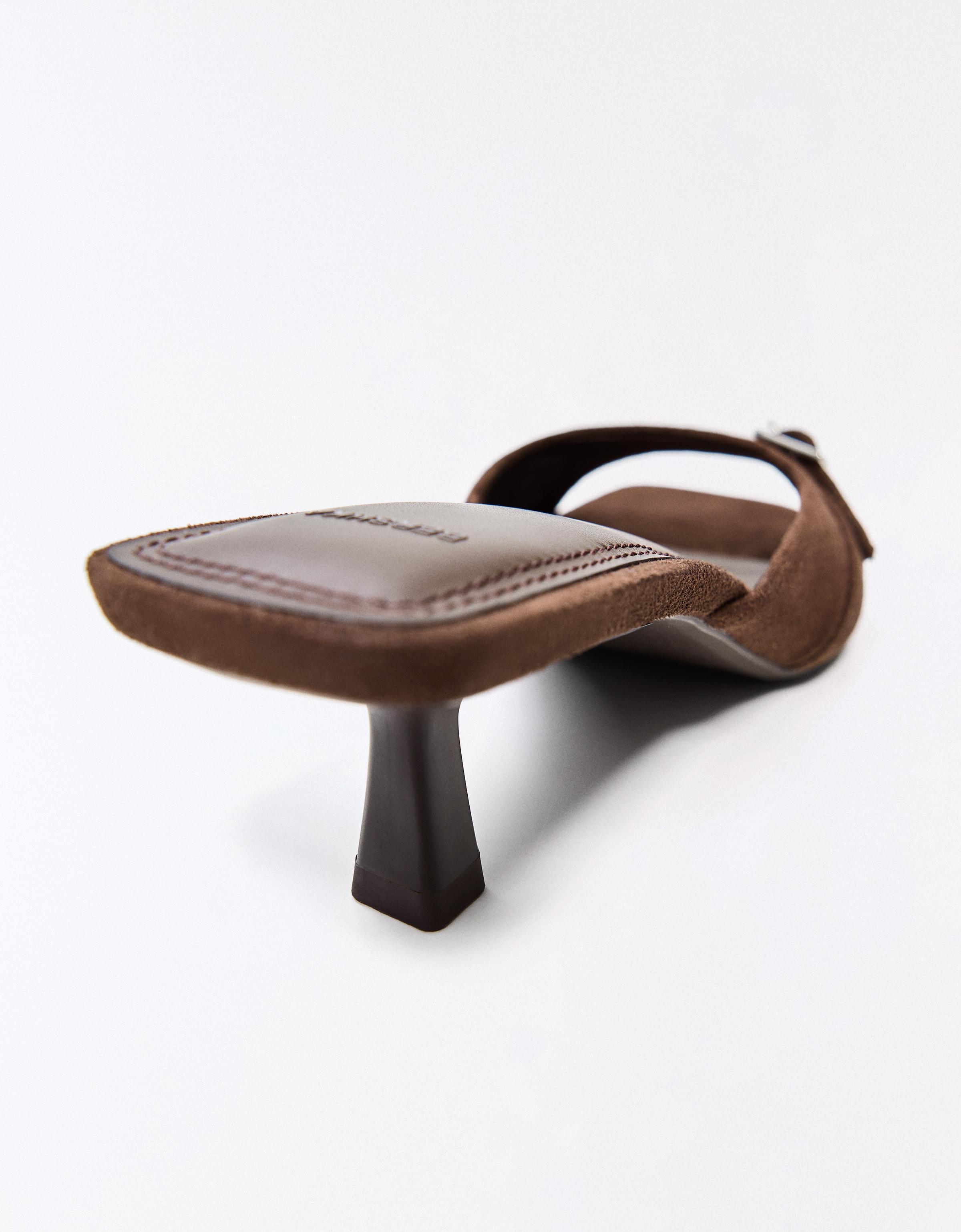 BUCKLED MULE SANDALS — Brown