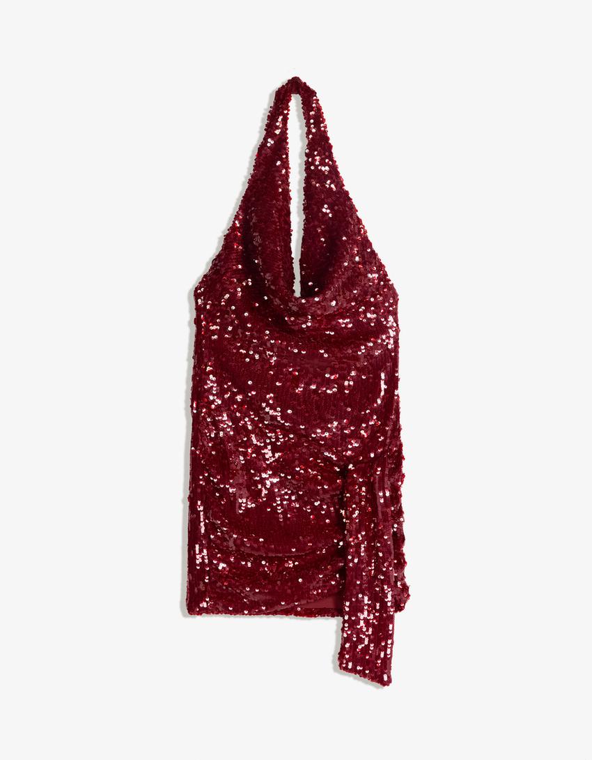 Draped sequin halter mini dress
