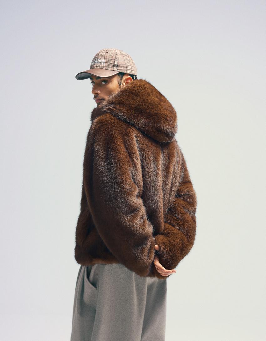 Faux fur hooded jacket-Brown