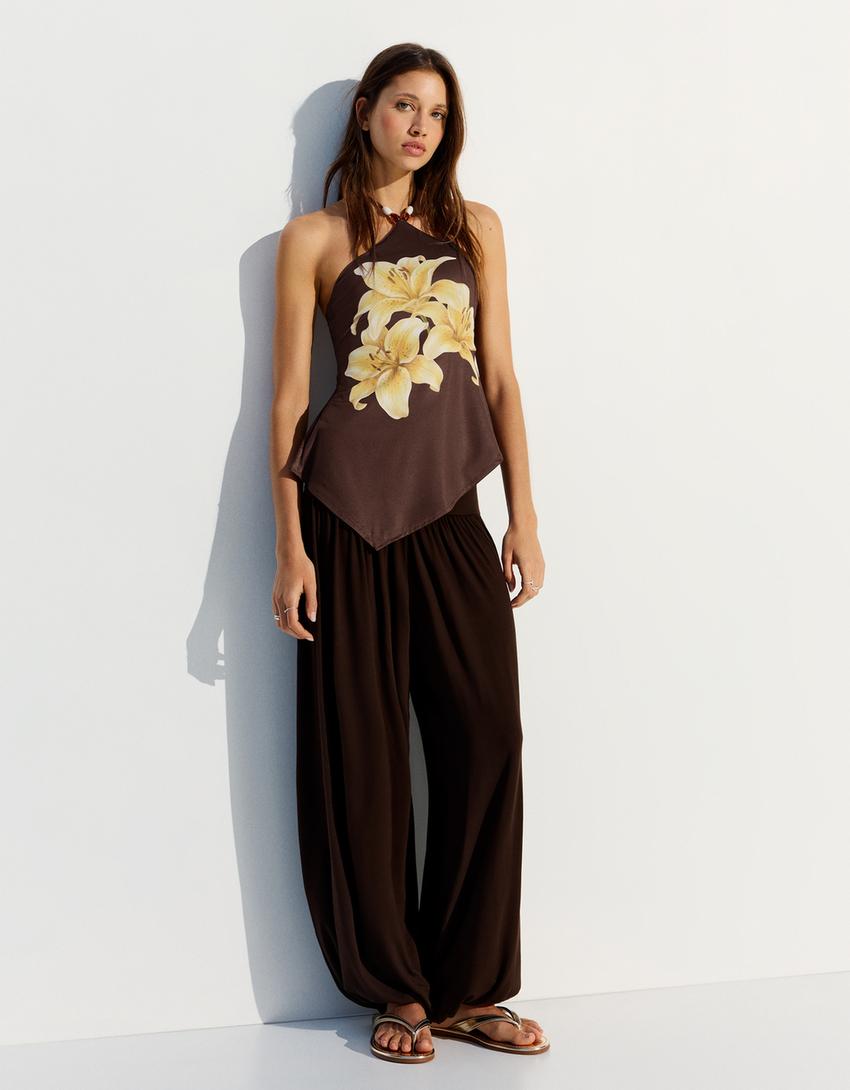 Top encolure américaine imprimé-Marron