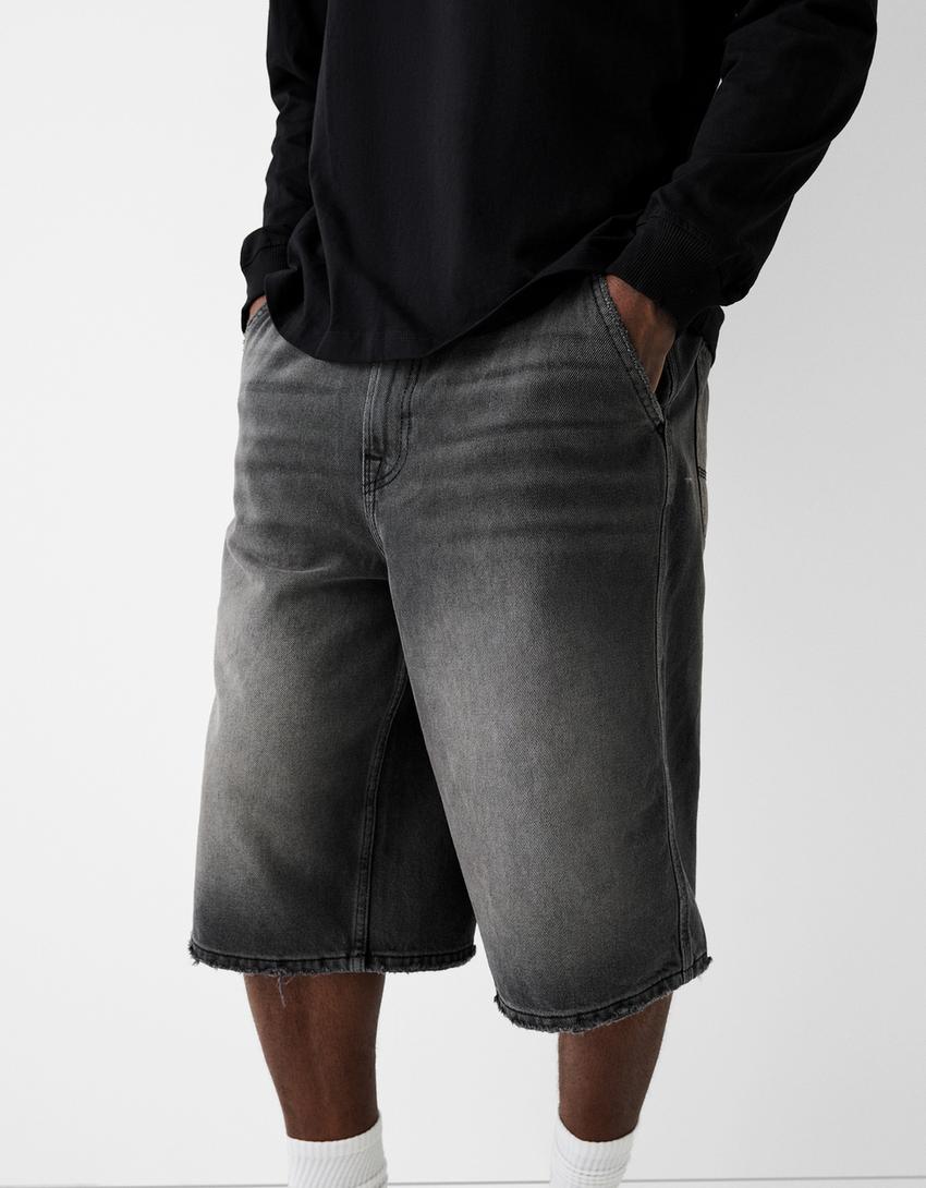 Calções bermuda denim Skater-Preto-3