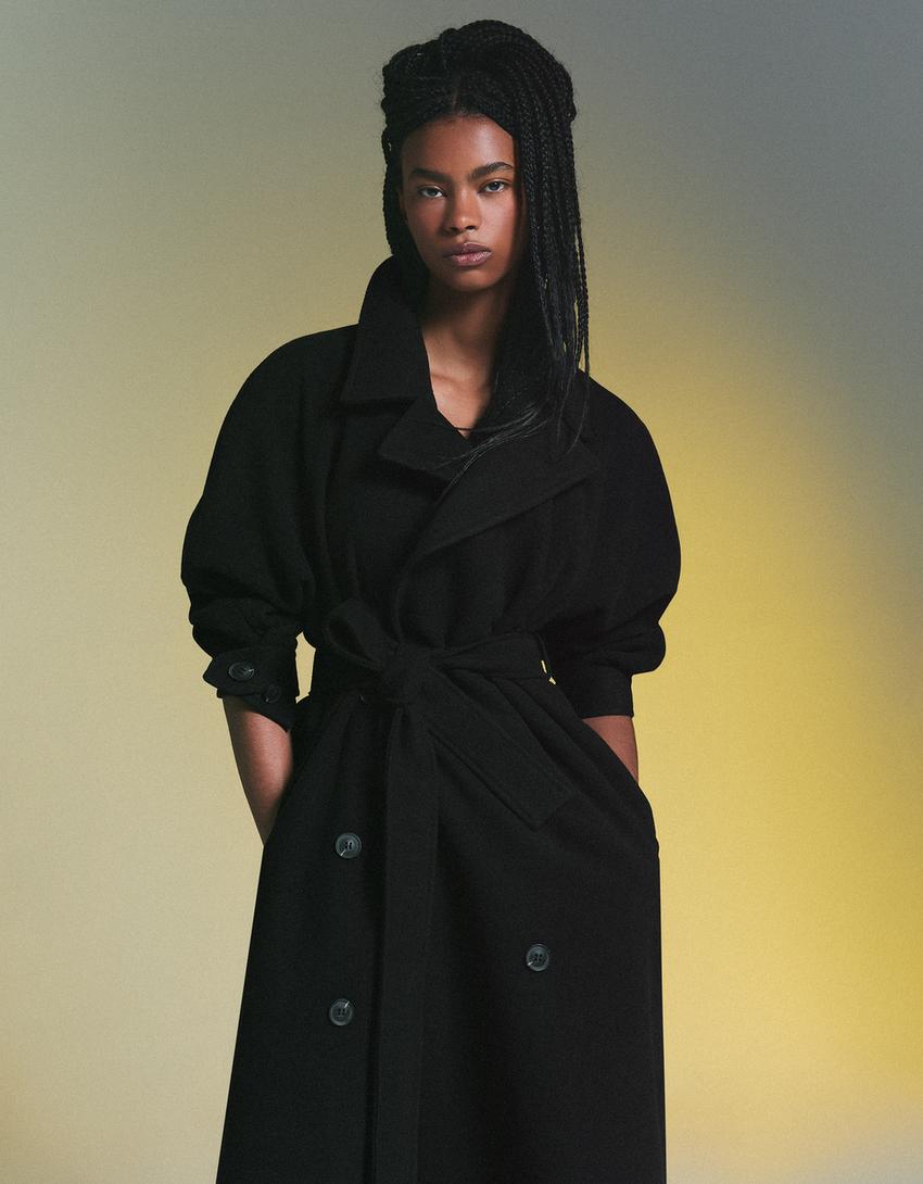 Oversize wool blend coat with belt-Black