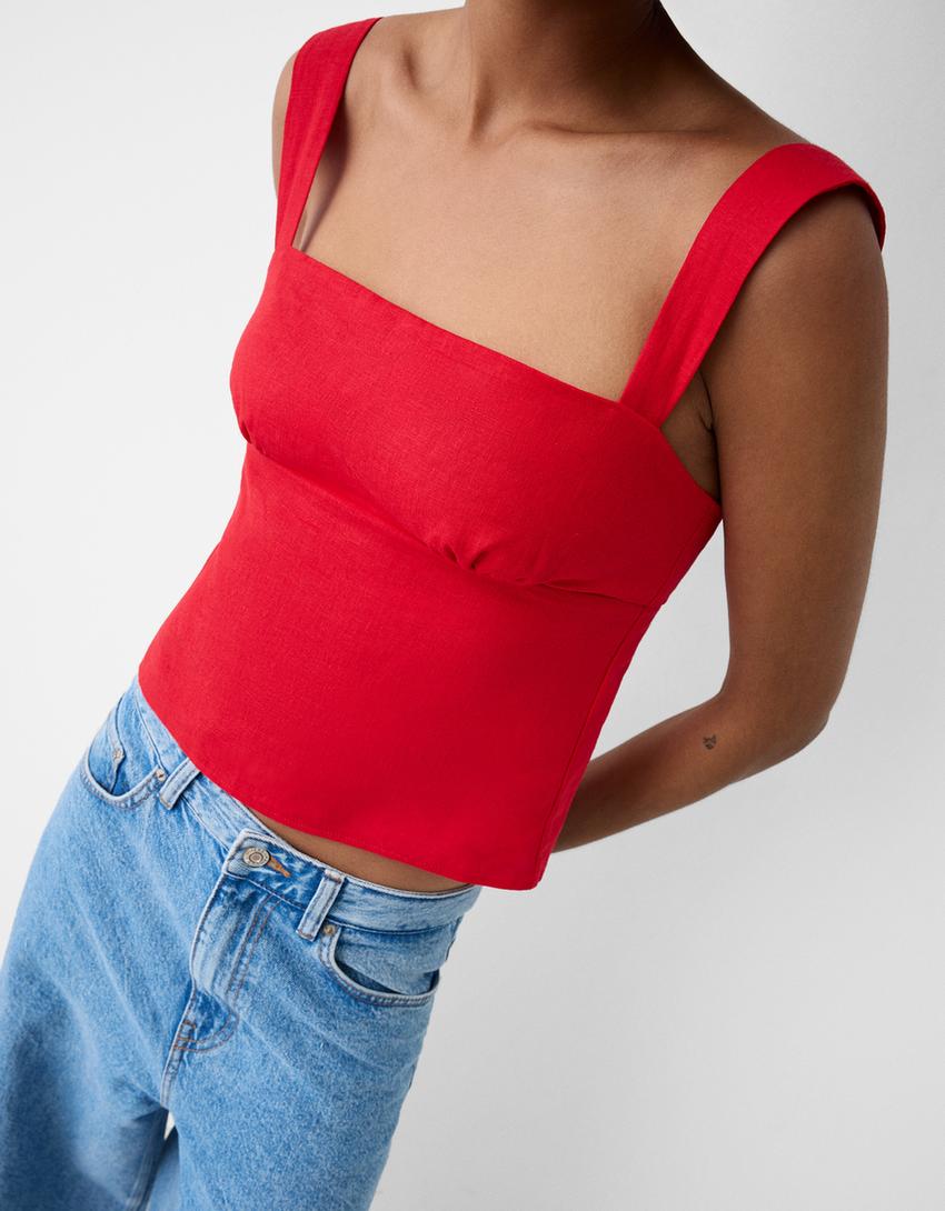 Tied crop top with linen-Red-2