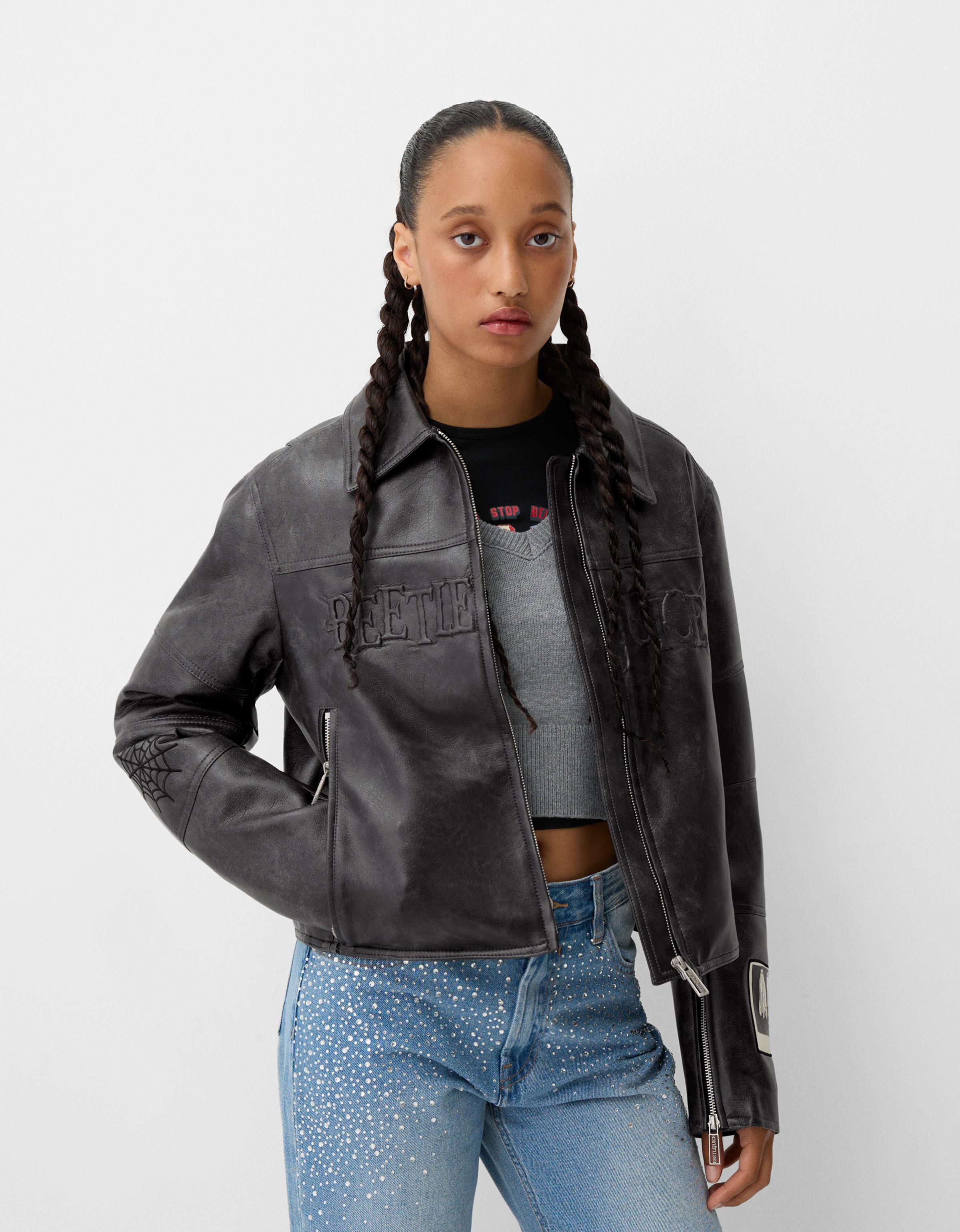 Bershka Jacke Beershka X Beetlejuice Aus Kunstleder Damen S Schwarz