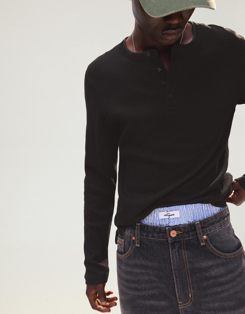 Slim fit long sleeve henley T-shirt-Black