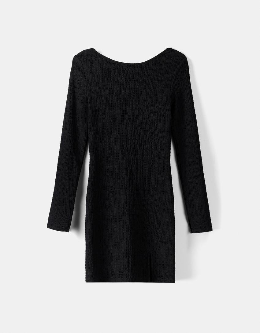 Vestido mini manga comprida efeito de waffle-Preto-5