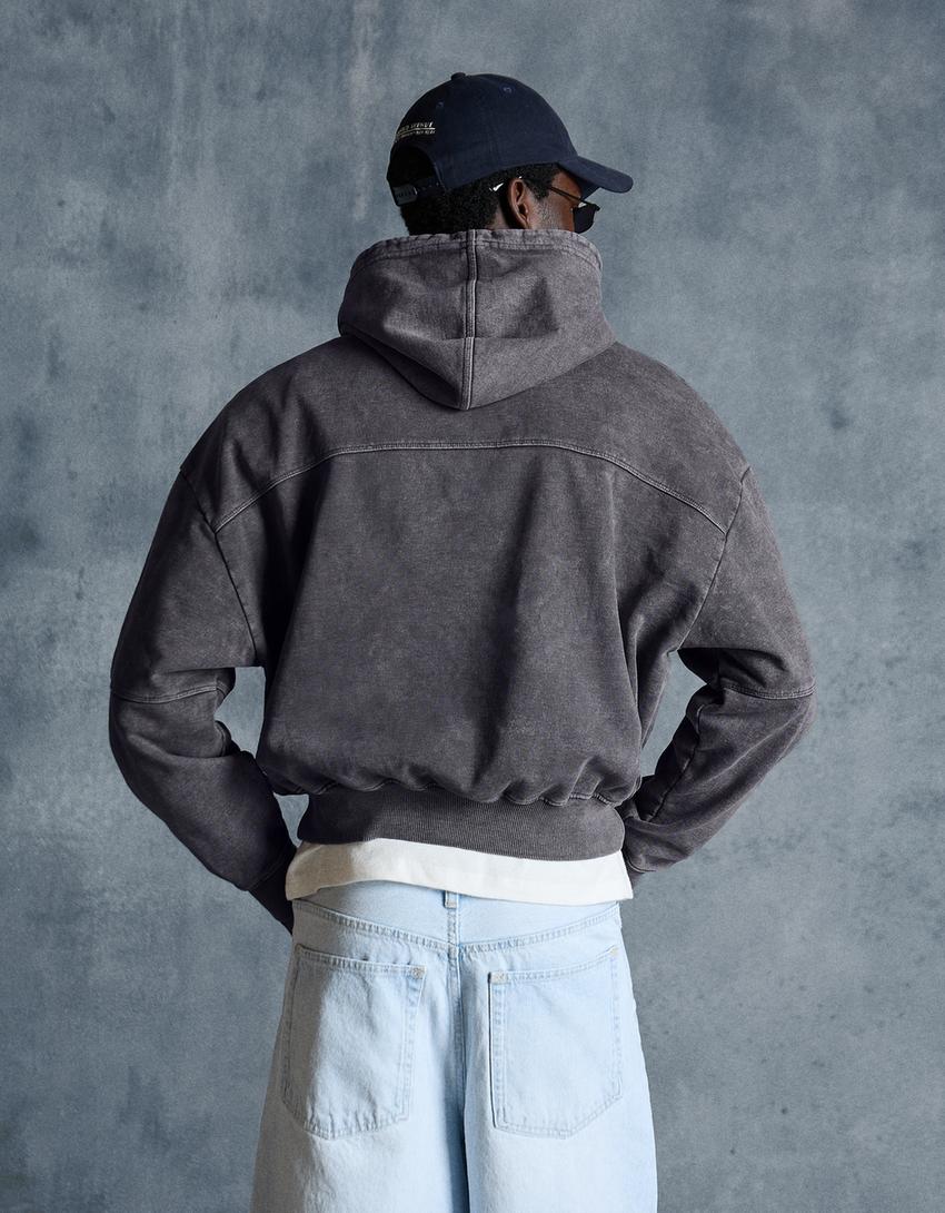 Boxy fit kapüşonlu yıkamalı sweatshirt-Koyu gri