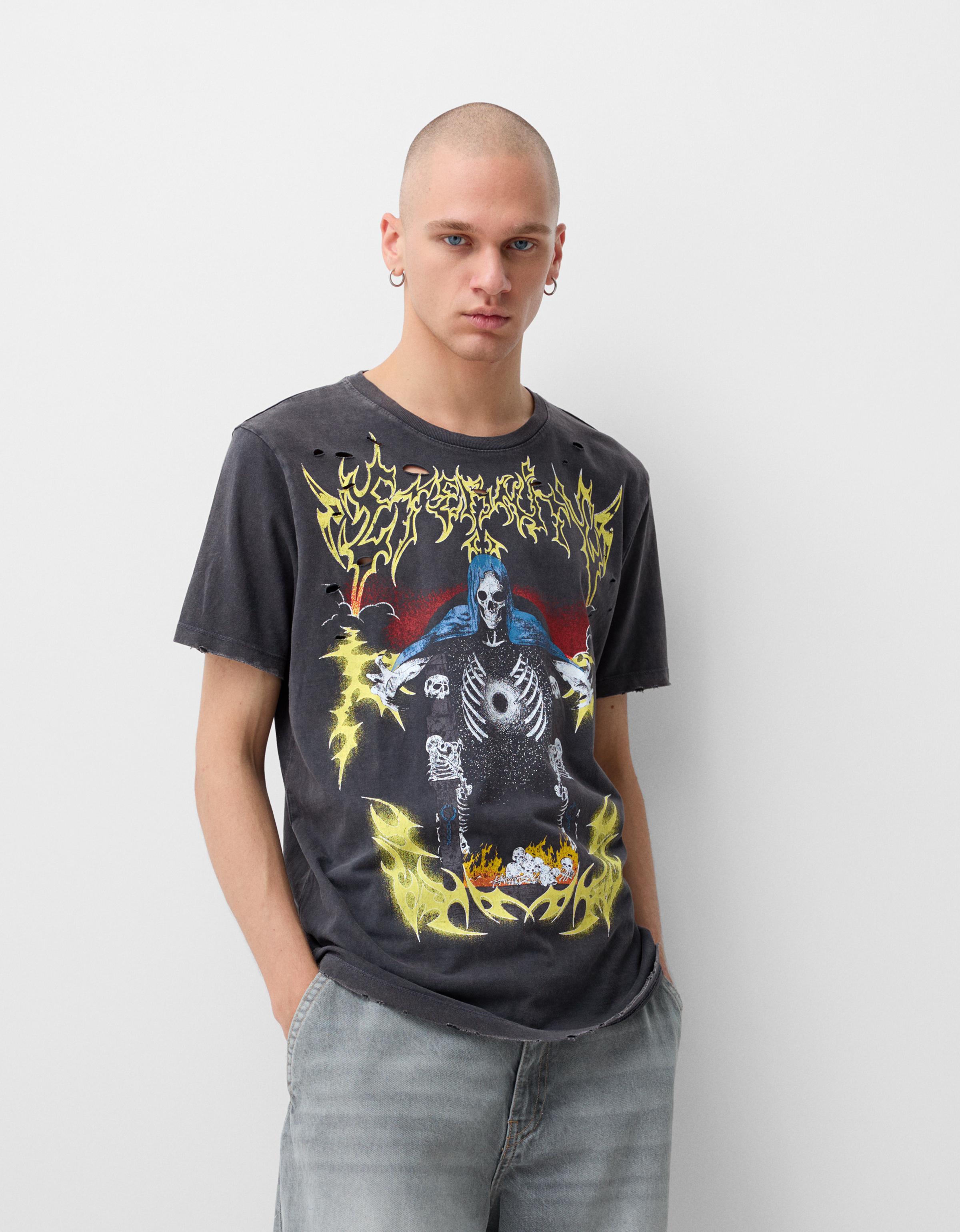 Bershka T-Shirt Mit Kurzen Ärmeln Und Print Herren Xl Grau