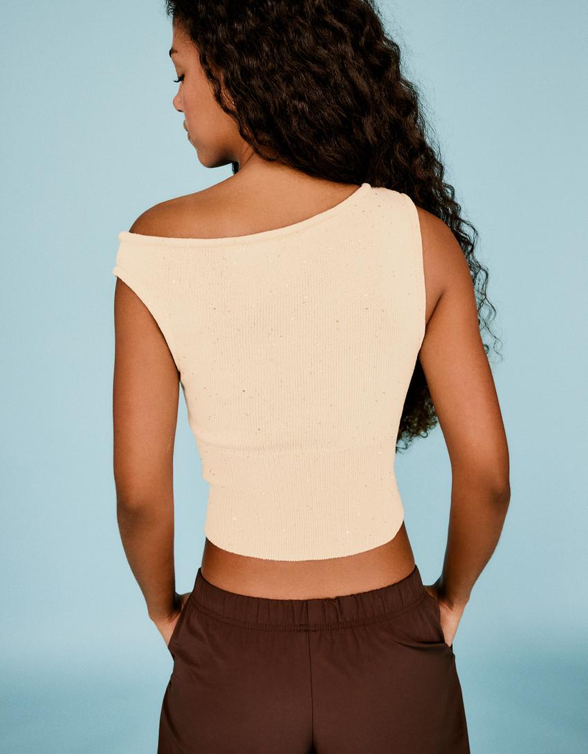 Sequinned knit boatneck top-Cream