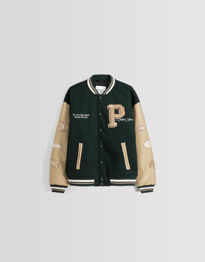 Felt texture varsity jacket with leather effect sleeves-Green