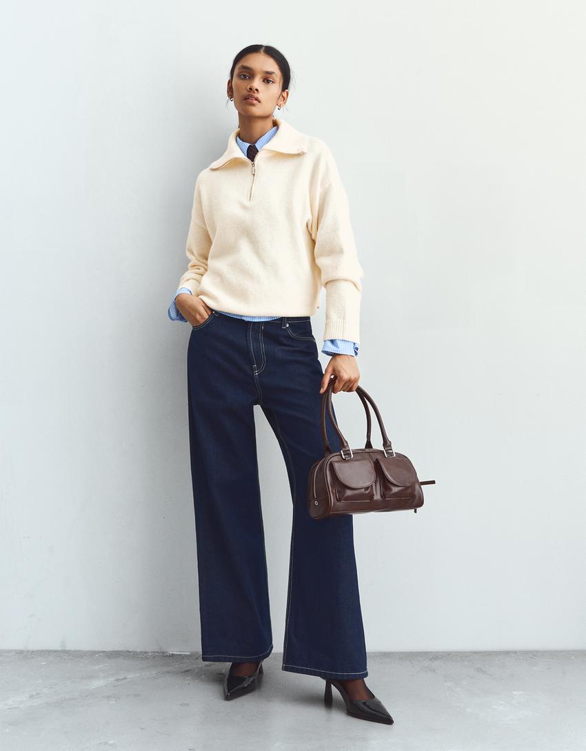 Jersey cuello alto cremallera-Crudo