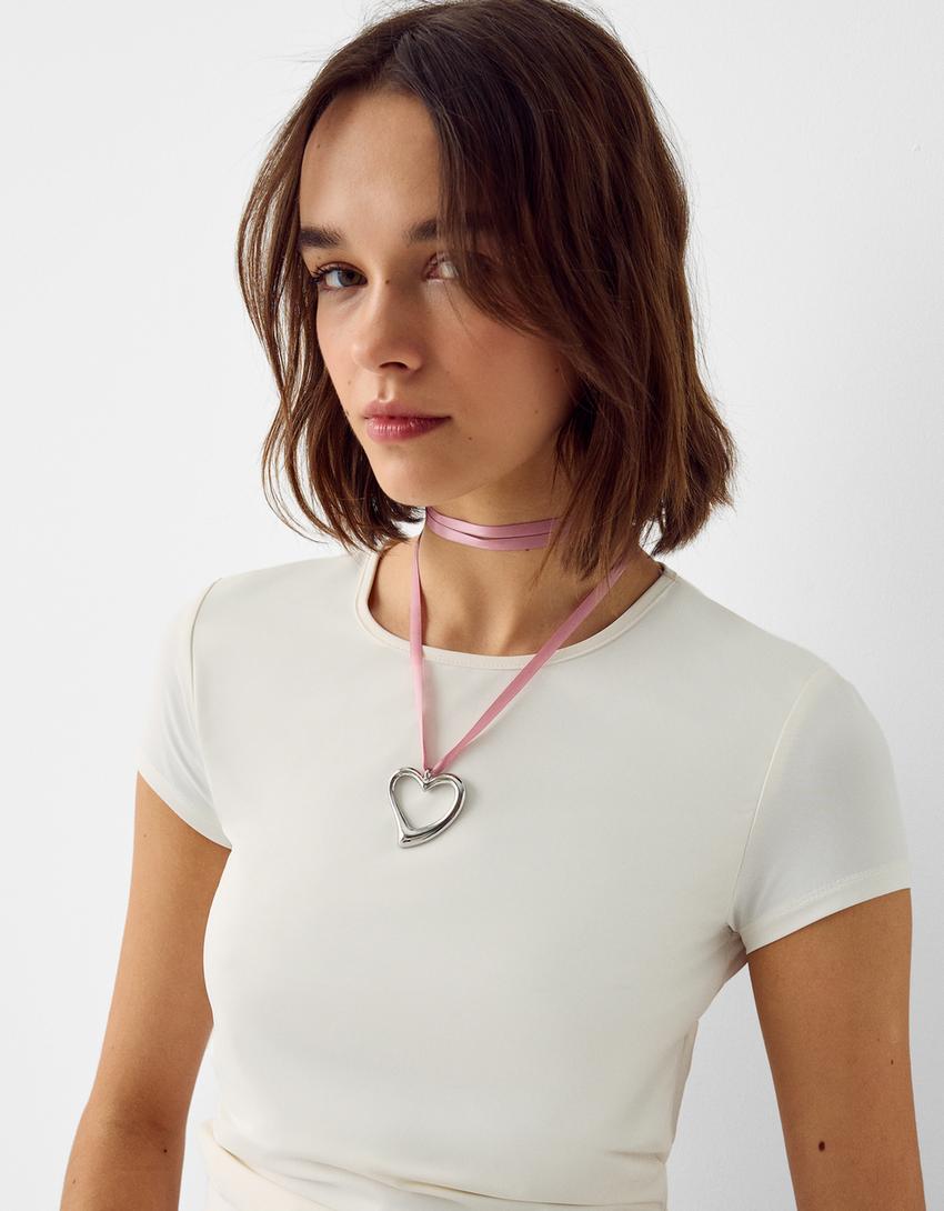 Satin necklace with heart charm-Silver-3