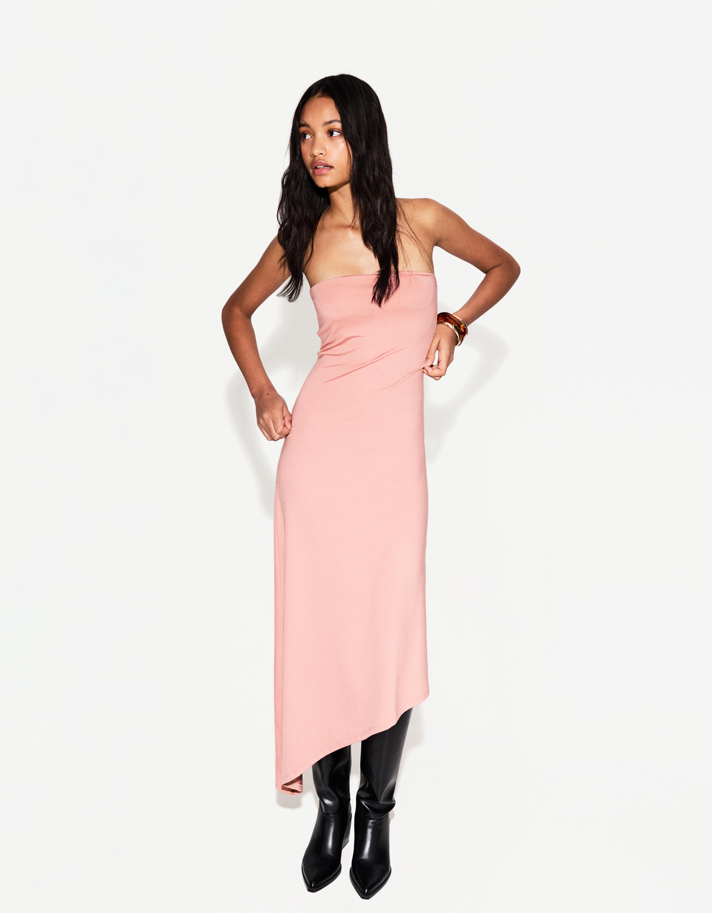 Bershka Asymmetrisches Bandeau-Midikleid Damen L Rosa