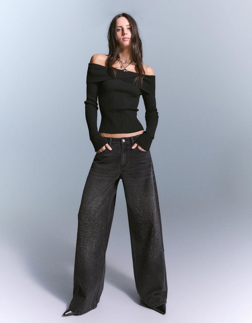 Straight jeans with rhinestone details-Black-2