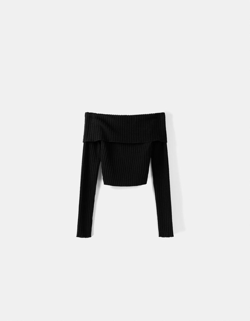 تيشرت باردو مضلع بأكمام طويلة-أسود-4