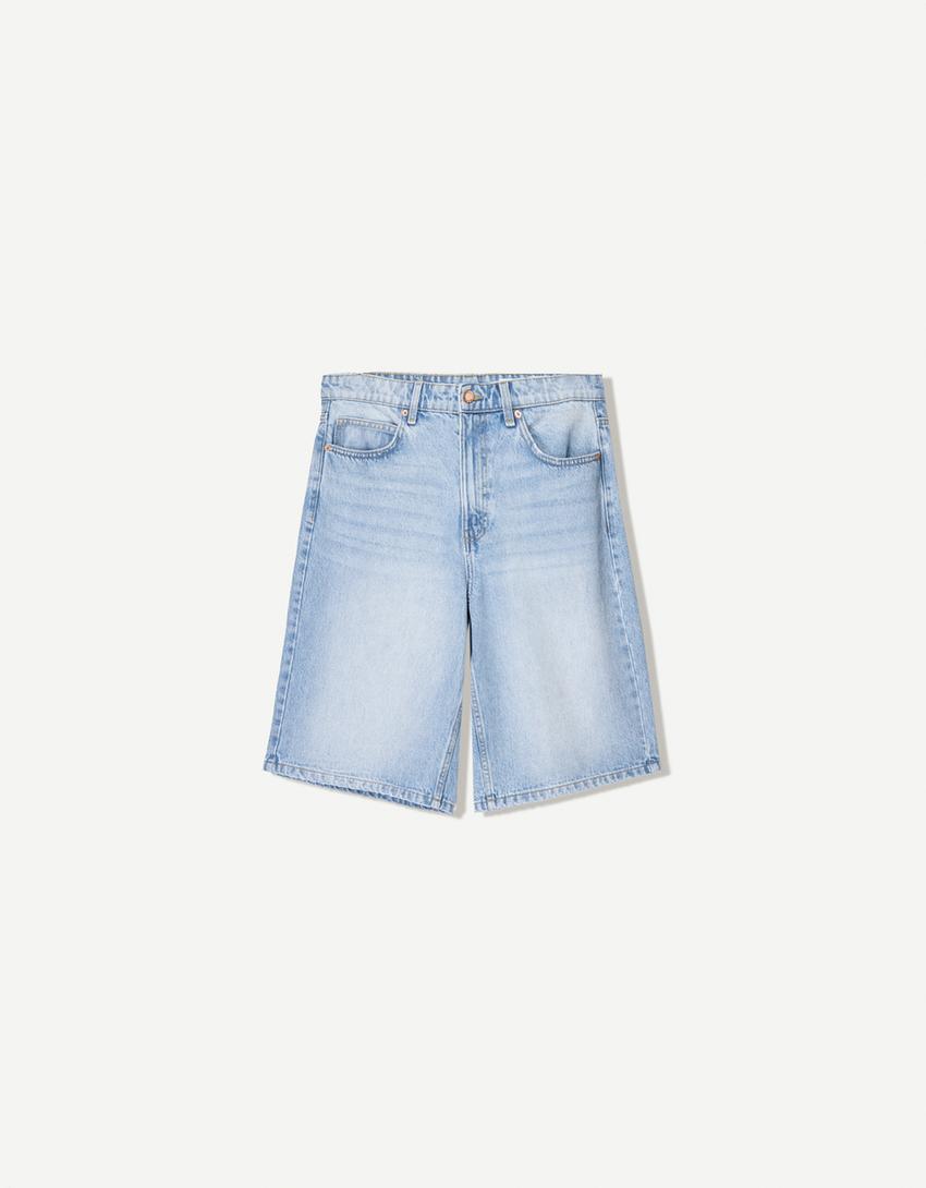 Baggy denim Bermuda shorts-Light blue