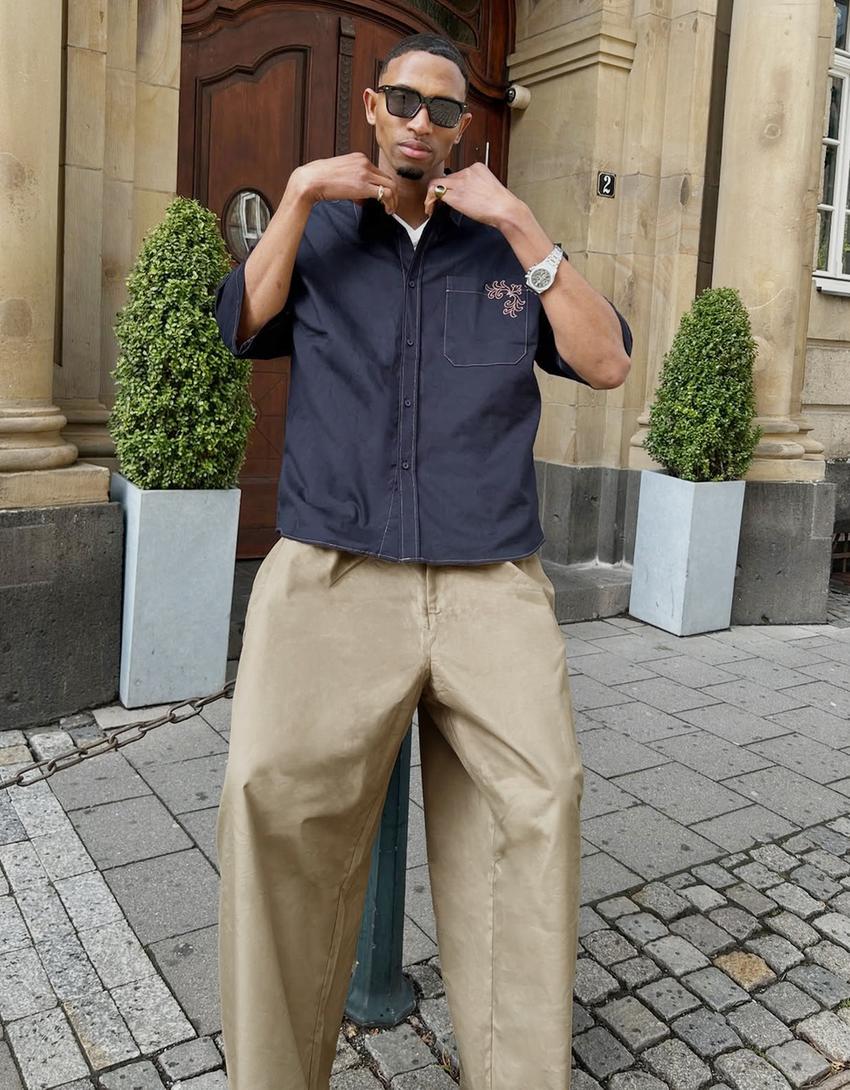Chemise oversize brodée à manches courtes-Marine