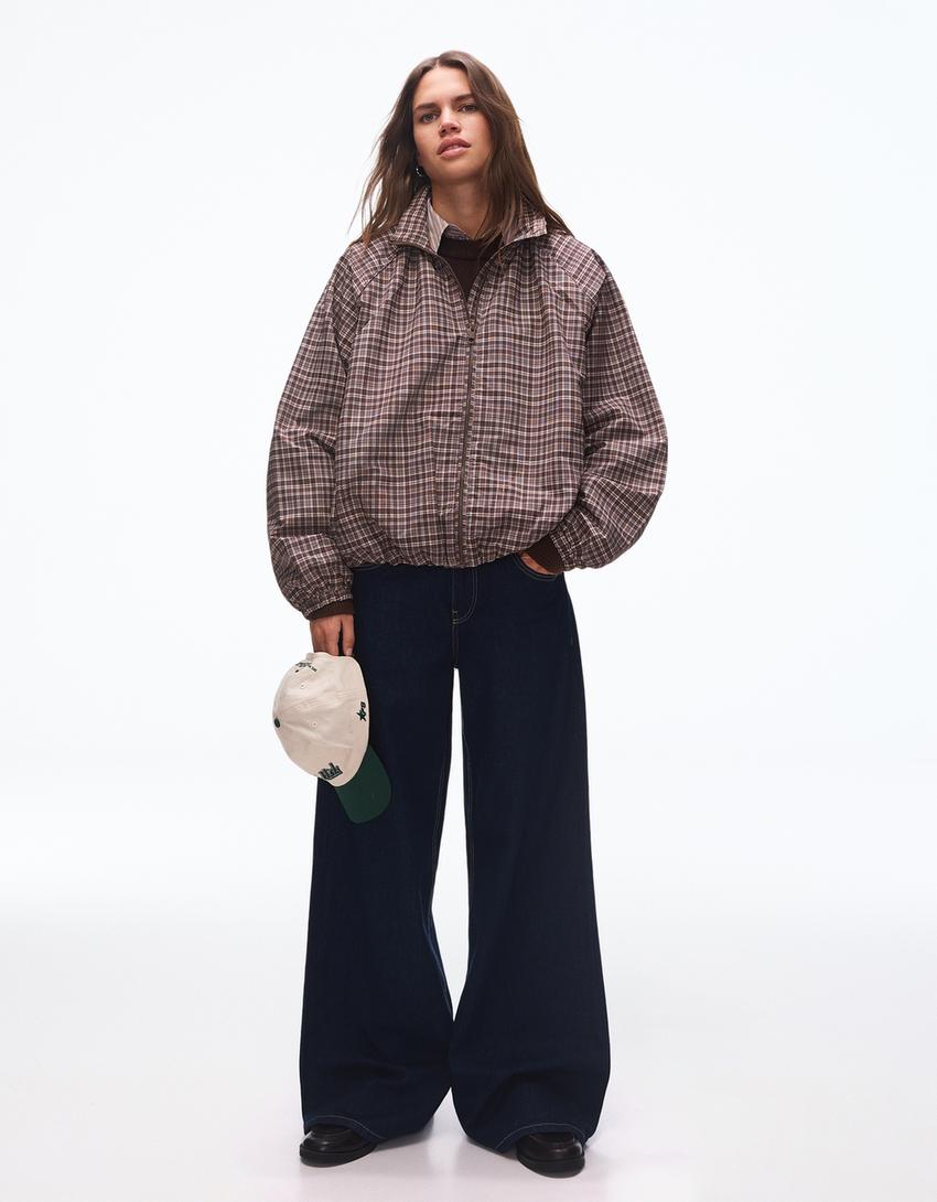 Cazadora cremallera oversize cuadros-Marrón