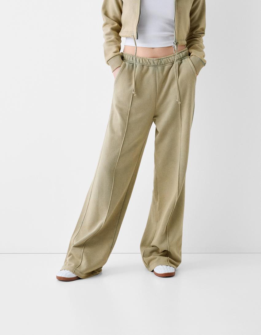 Wide-leg acid faded-effect plush trousers-Khaki-1