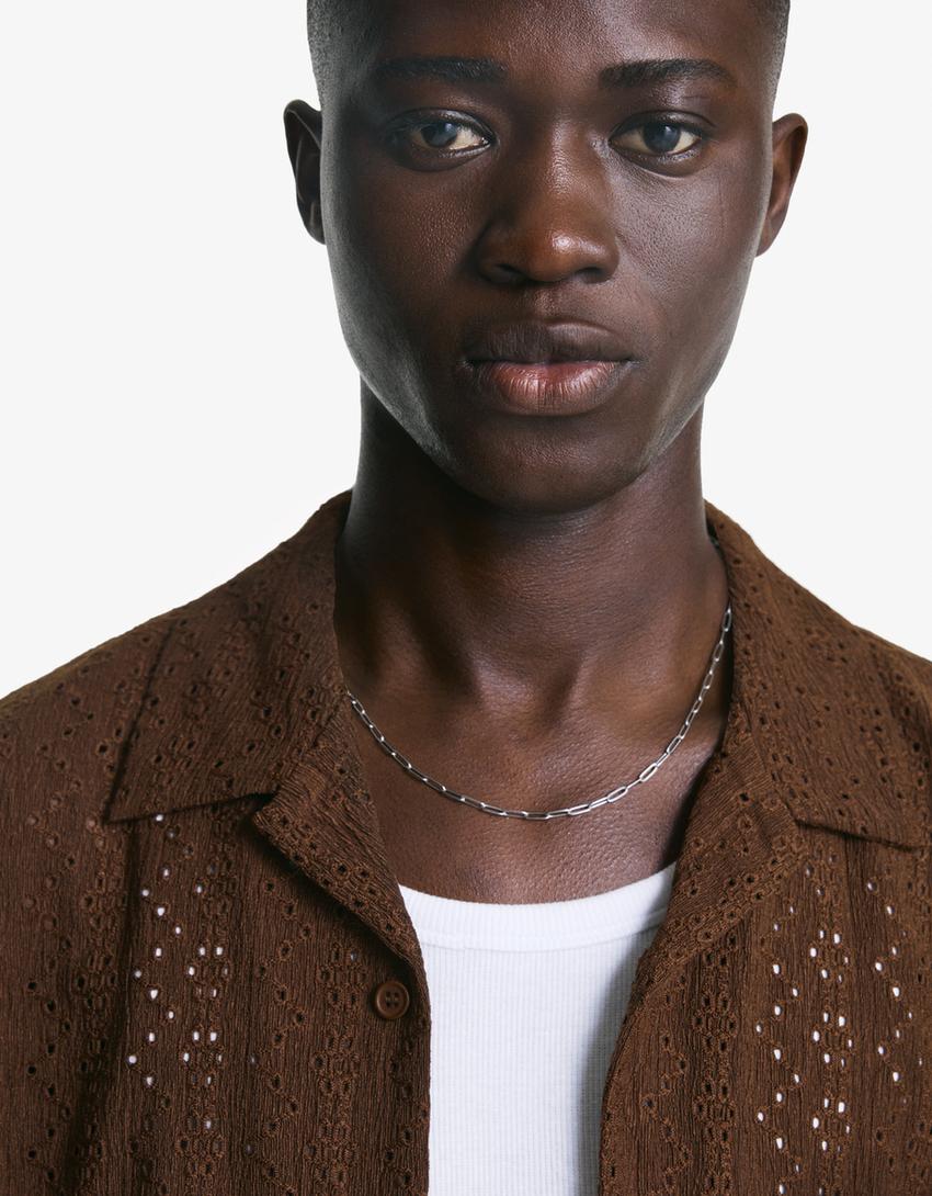Embroidered short sleeve shirt-Brown