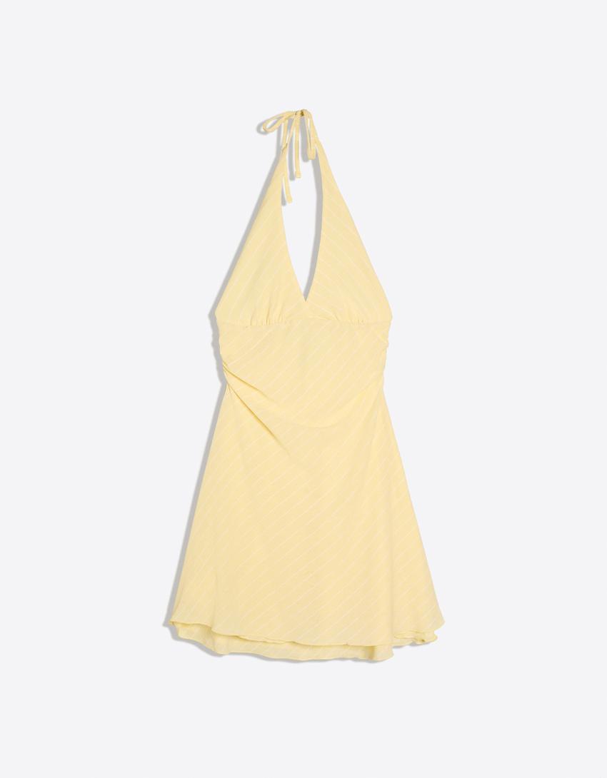 Robe mini encolure américaine à rayures-Jaune