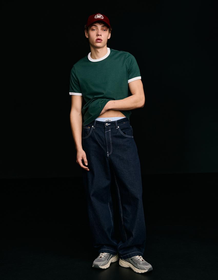 Short sleeve contrast rib T-shirt-Green