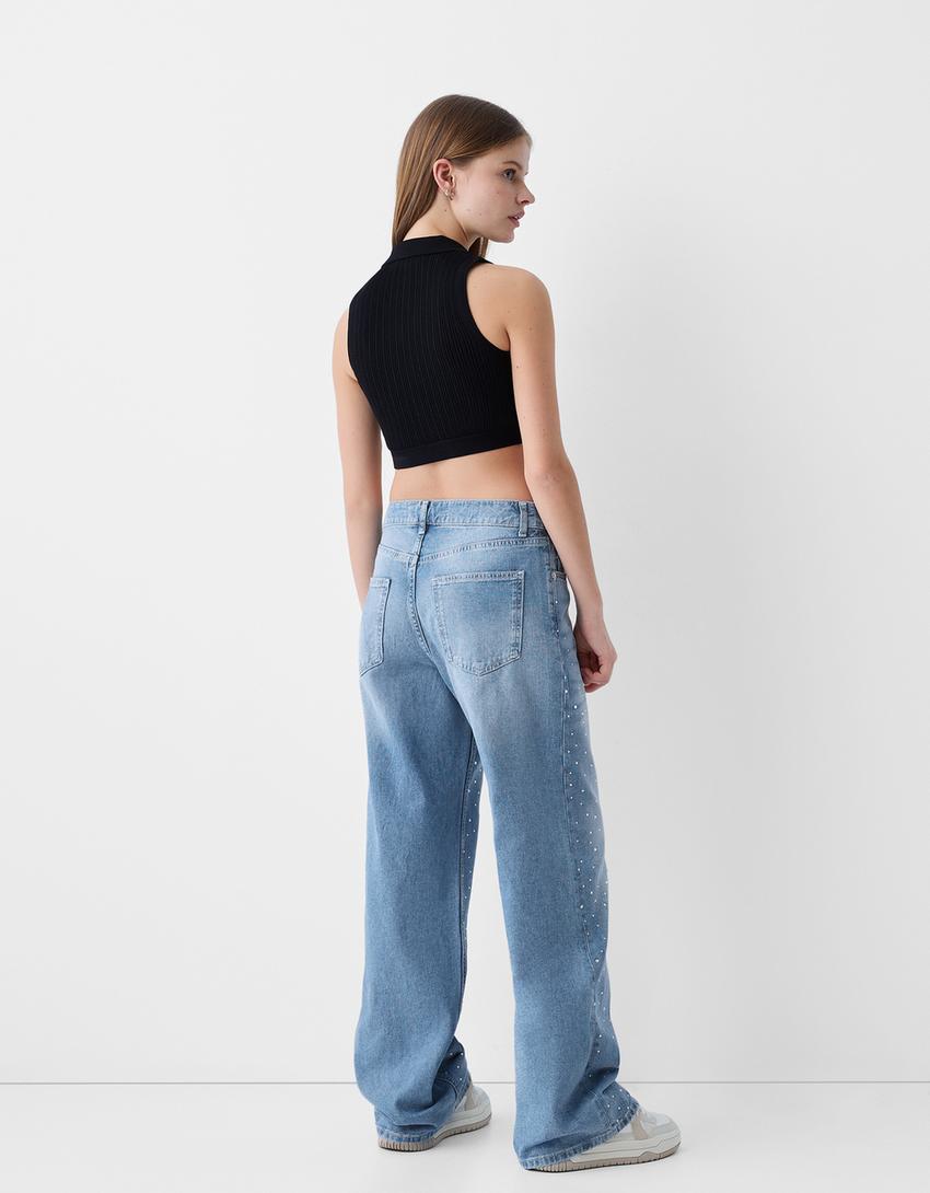 Baggy jeans with rhinestones-Light blue-2