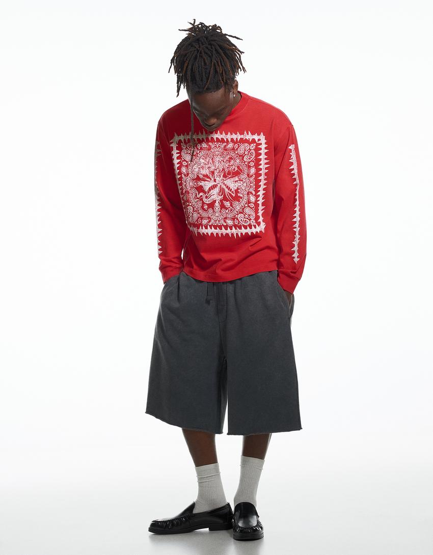 Uzun kollu ARIES X BERSHKA baskılı tişört-Kırmızı