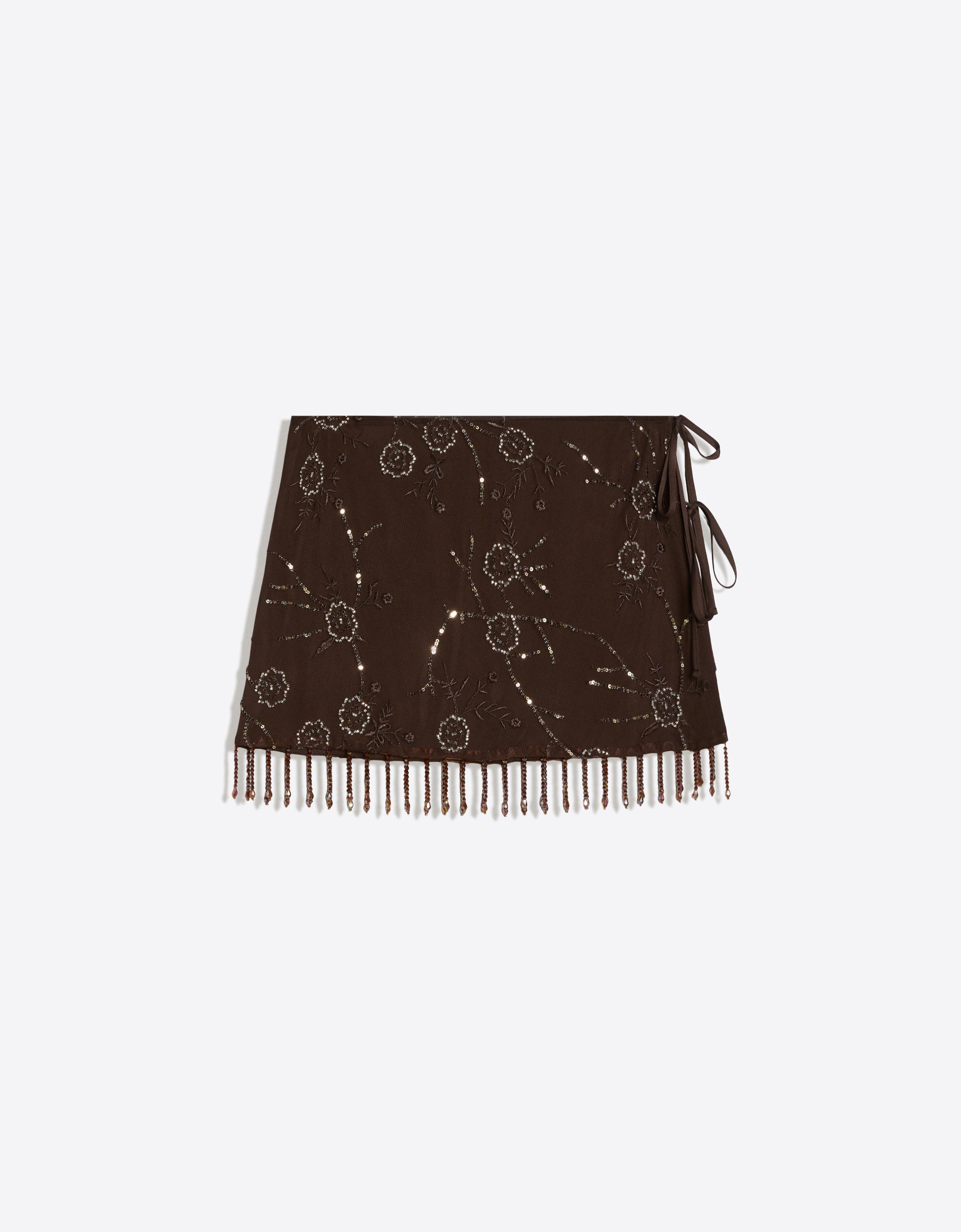Bead-embroidered pareo skirt — Brown
