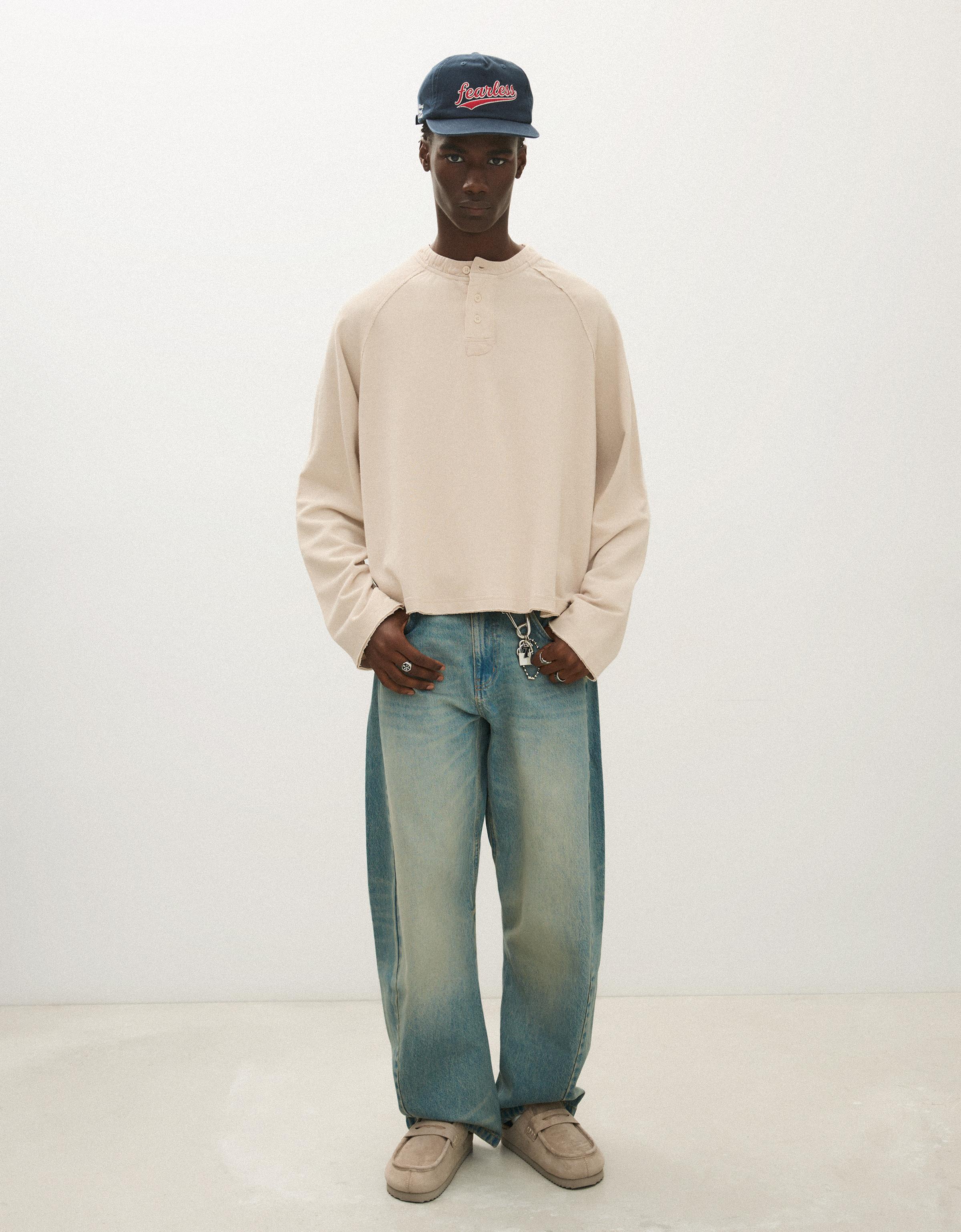 Long sleeve henley print T-shirt — Sand