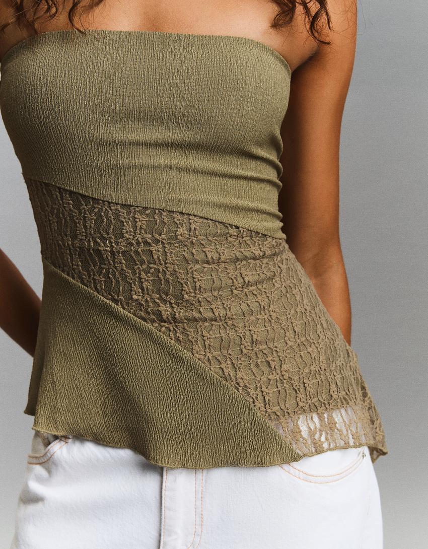 Top bandeau encaje asimétrico-Kaki