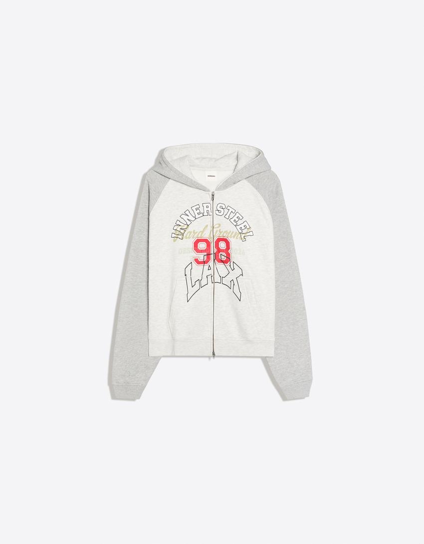 Felpa cappuccio raglan stampa-Grigio