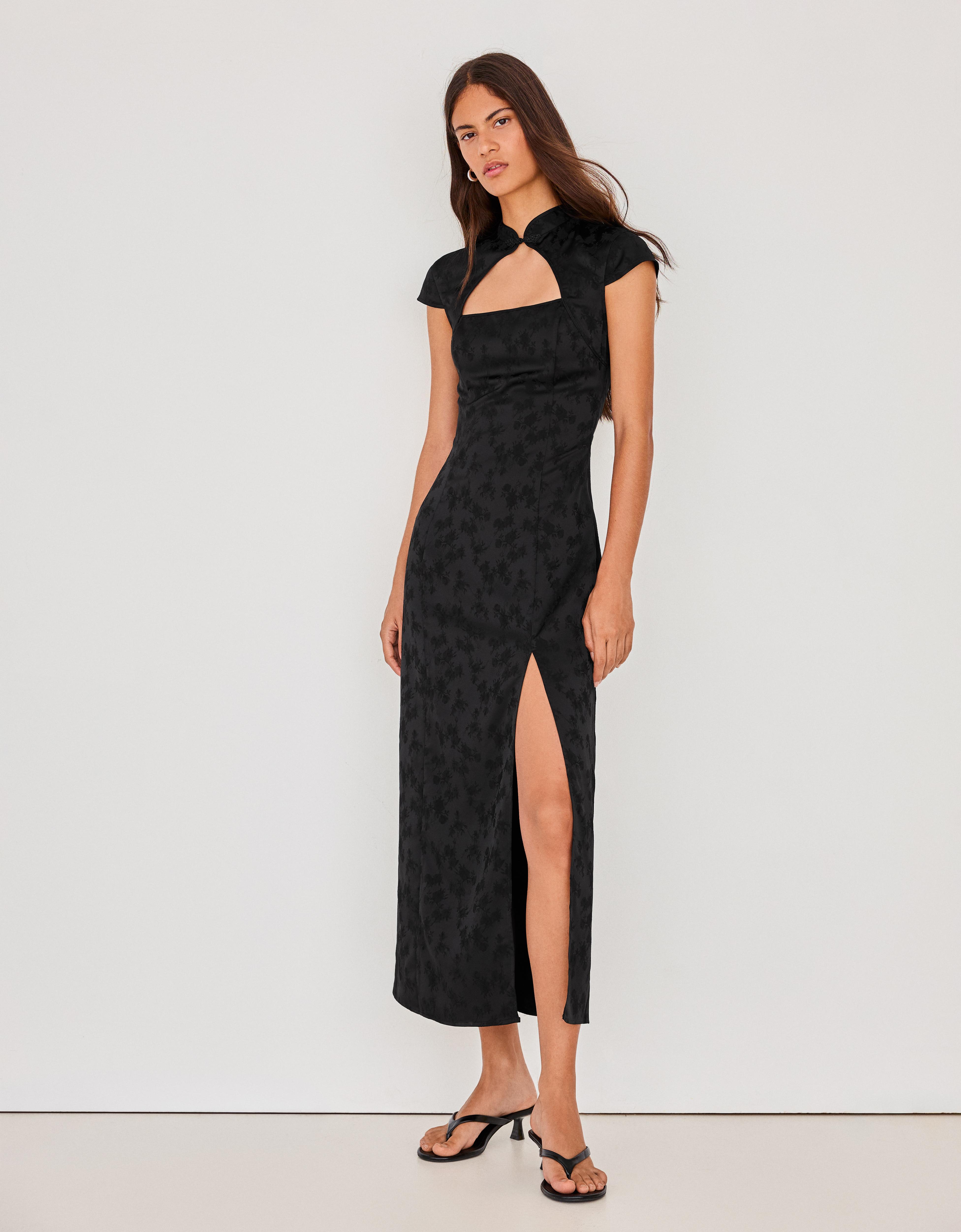 Bershka Vestido Midi Satén Jacquard Mujer L Negro