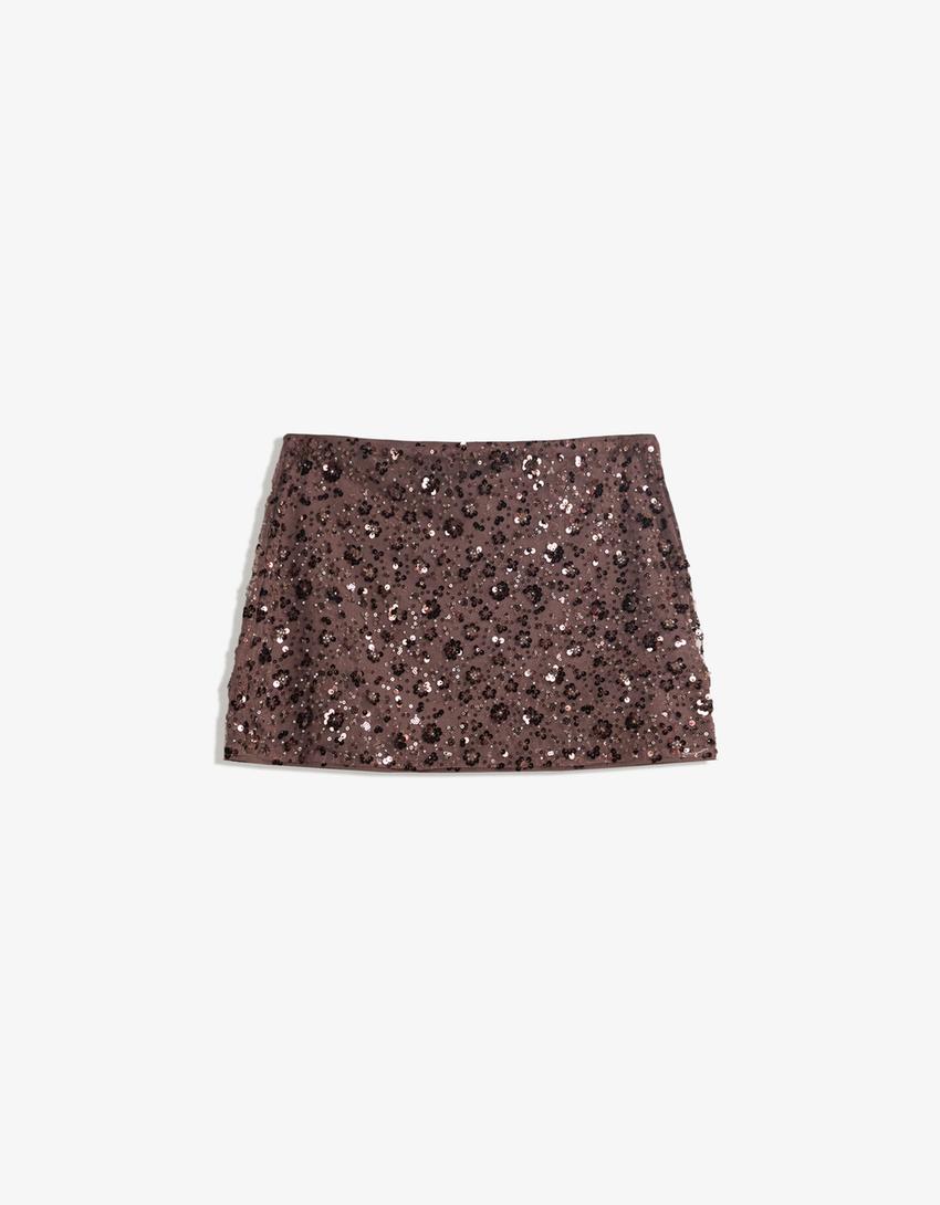 Sequinned mini skirt-Brown-3