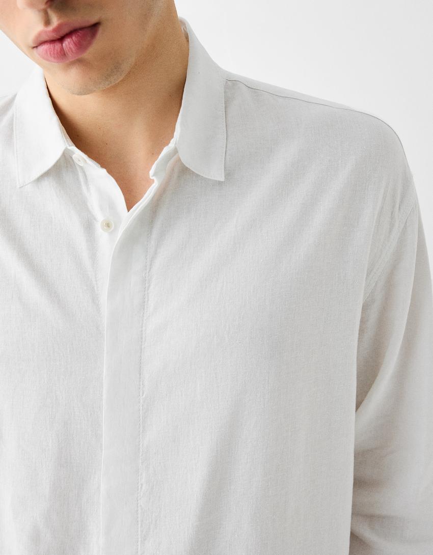 Chemise manches longues loose fit lin-Blanc-5