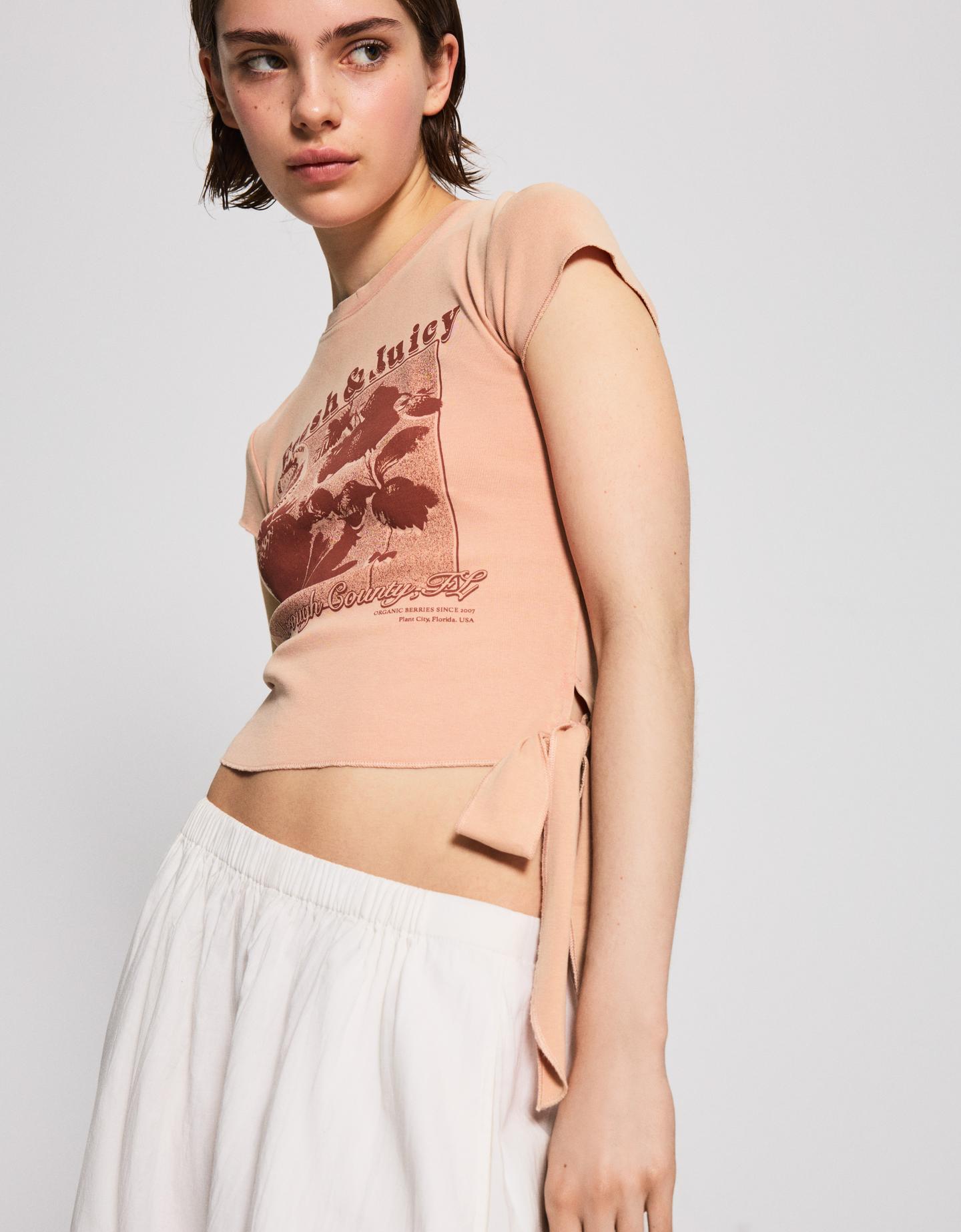 Bershka Camiseta Manga Corta Nudo Print Mujer L Rosa