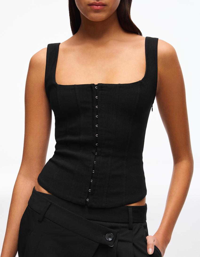 Corsetry-inspired bengaline top-Black