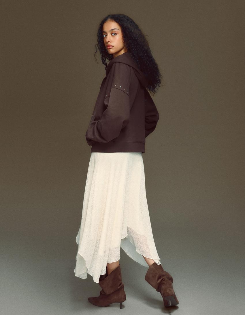 Parlak file midi etek-Krem