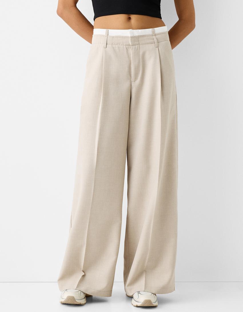 Wide-leg tailored fit trousers with contrast waist detail-Camel