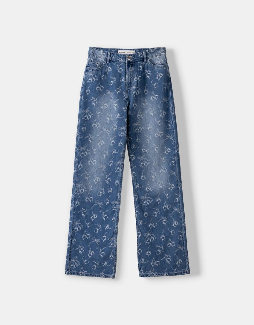 جينز فضفاض بطبعة جاكار-أزرق فاتح-5