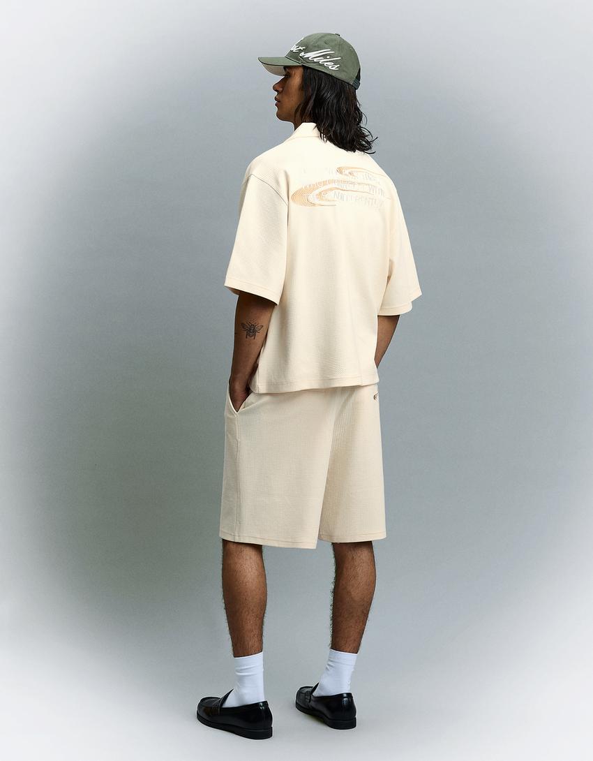 Waffle-knit short sleeve shirt-Off white