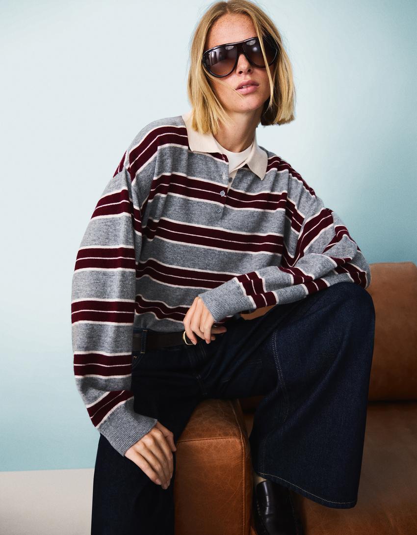 Sweater with polo collar-Burgundy-1