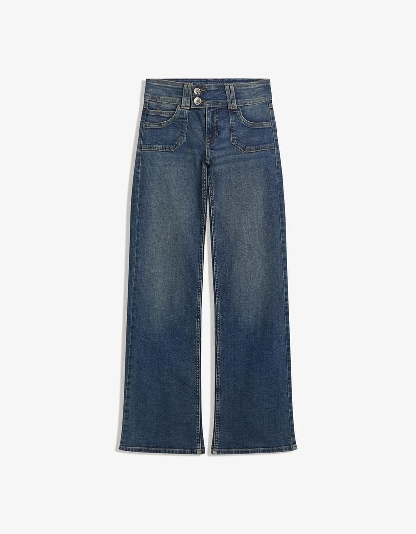 Flared jeans with embroidered pockets-Blue