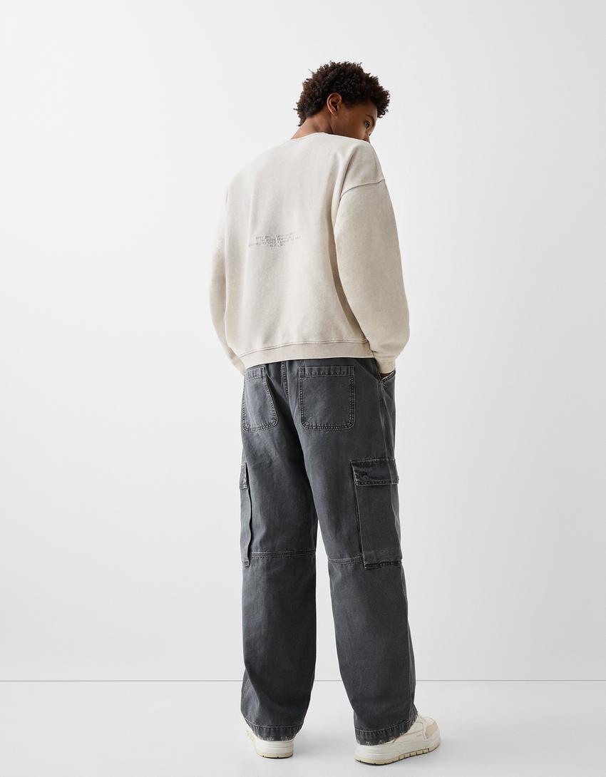 Washed-effect sweatshirt-Beige-1