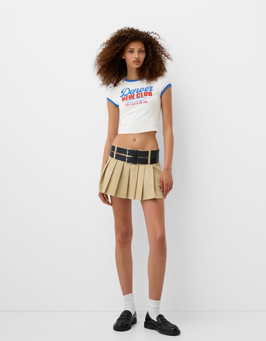 تيشرت متباين بأكمام قصيرة-كريمي-3