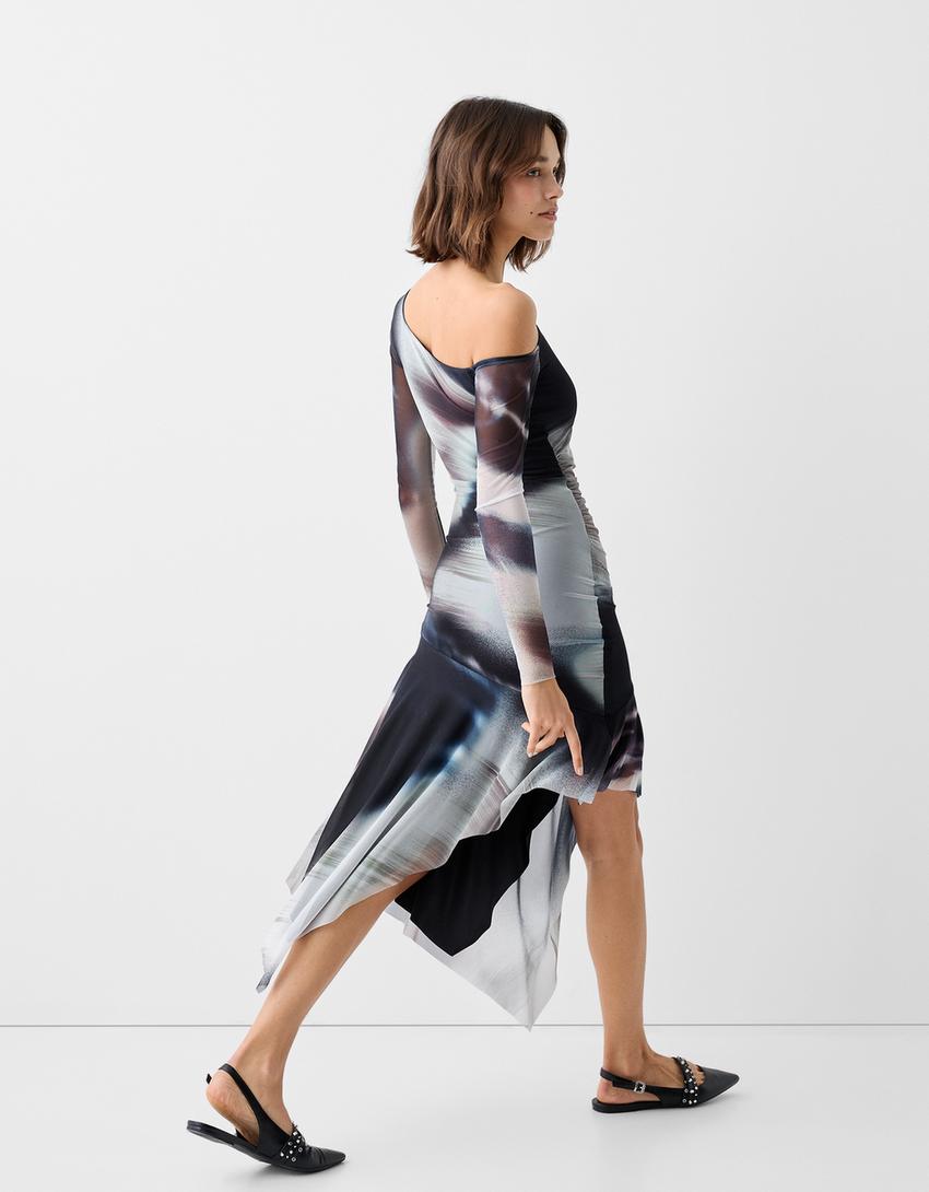 Vestido midi manga comprida assimétrico estampado-Azul escuro-2