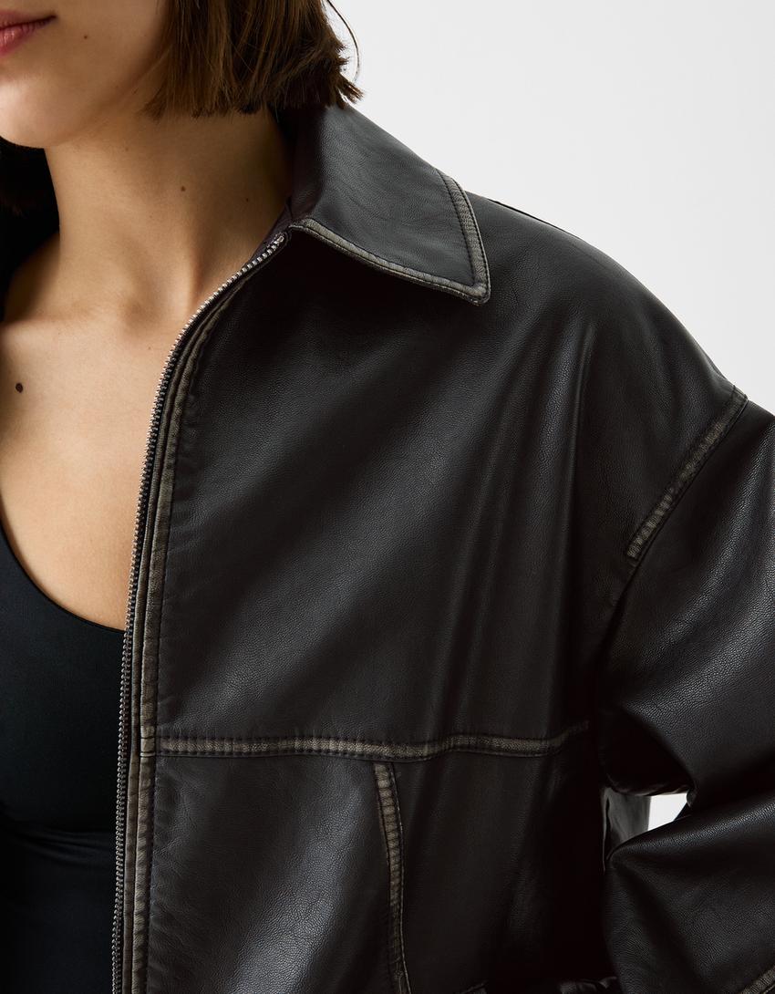 جاكيت داد فيت فضفاض من جلد صناعي معتق-أسود-6